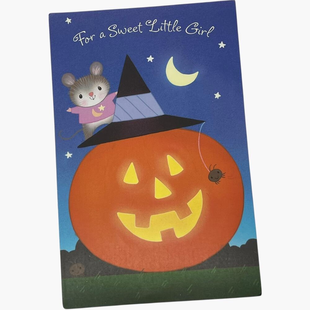 Tender Thoughts Halloween Card Sweet Little Girl Mouse Pumpkin